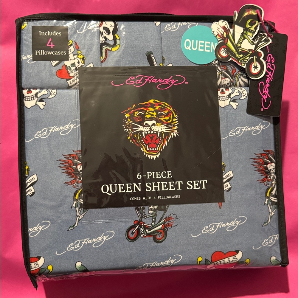 Ed Hardy Blue Queen Sheet Set with Tattoo Designs - Picture 1 of 10